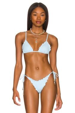 L*SPACE Maggie Bikini Top Sky Blue Triangle Sliding Cups Lettuce Edge Medium NEW